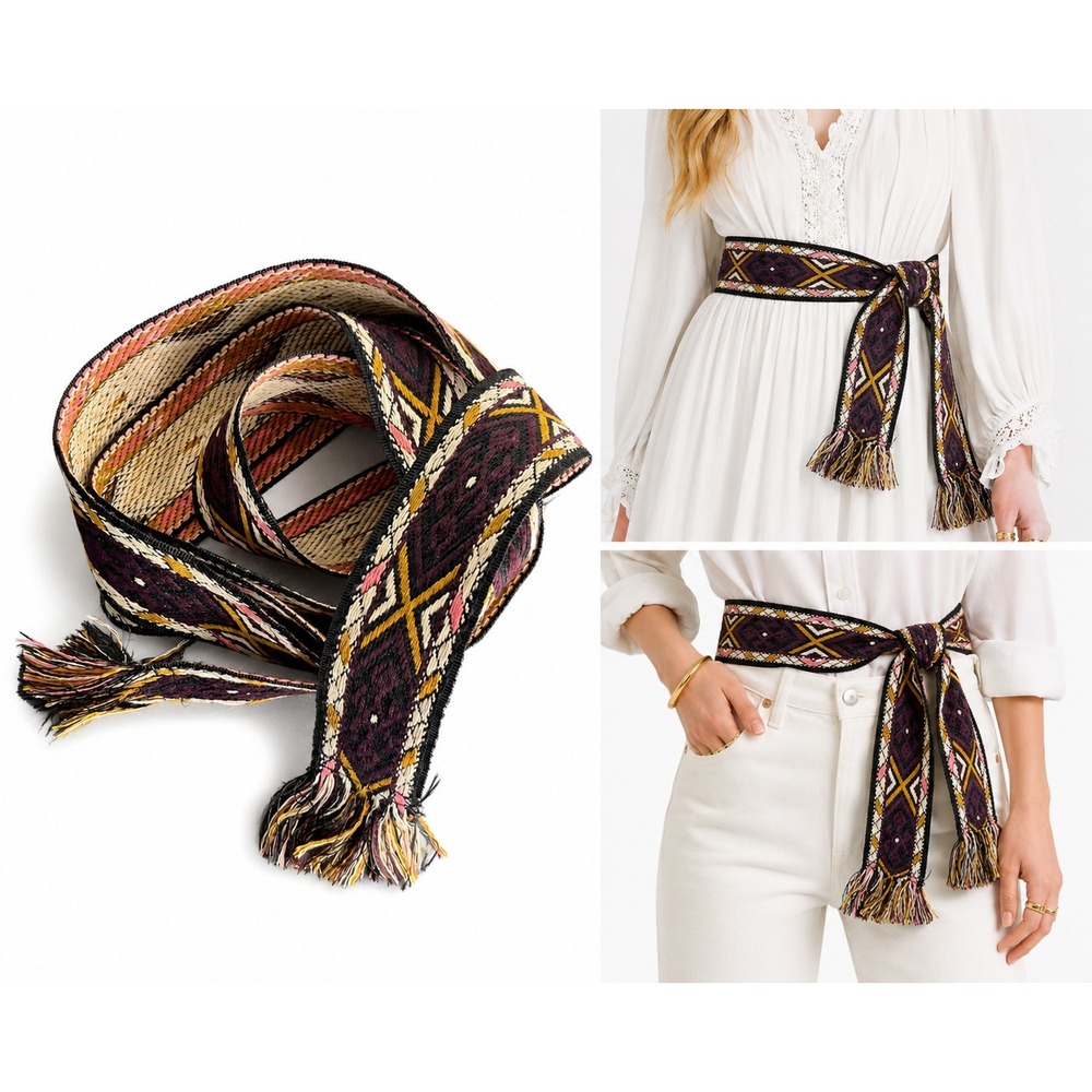 Isabel Marant Etoile Belt OS Woven Geometric Fringe Sash Tie Boho Tribal Ethnic